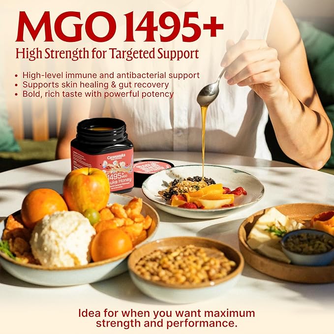 Caramanuka Manuka Honey MGO 1495+ / 100% Raw, Pure, Unfiltered & Unpasteurized, 3rd Party Tested, Ultra-Potent, Glyphosate-Free, Australian Premium Manuka Honey
