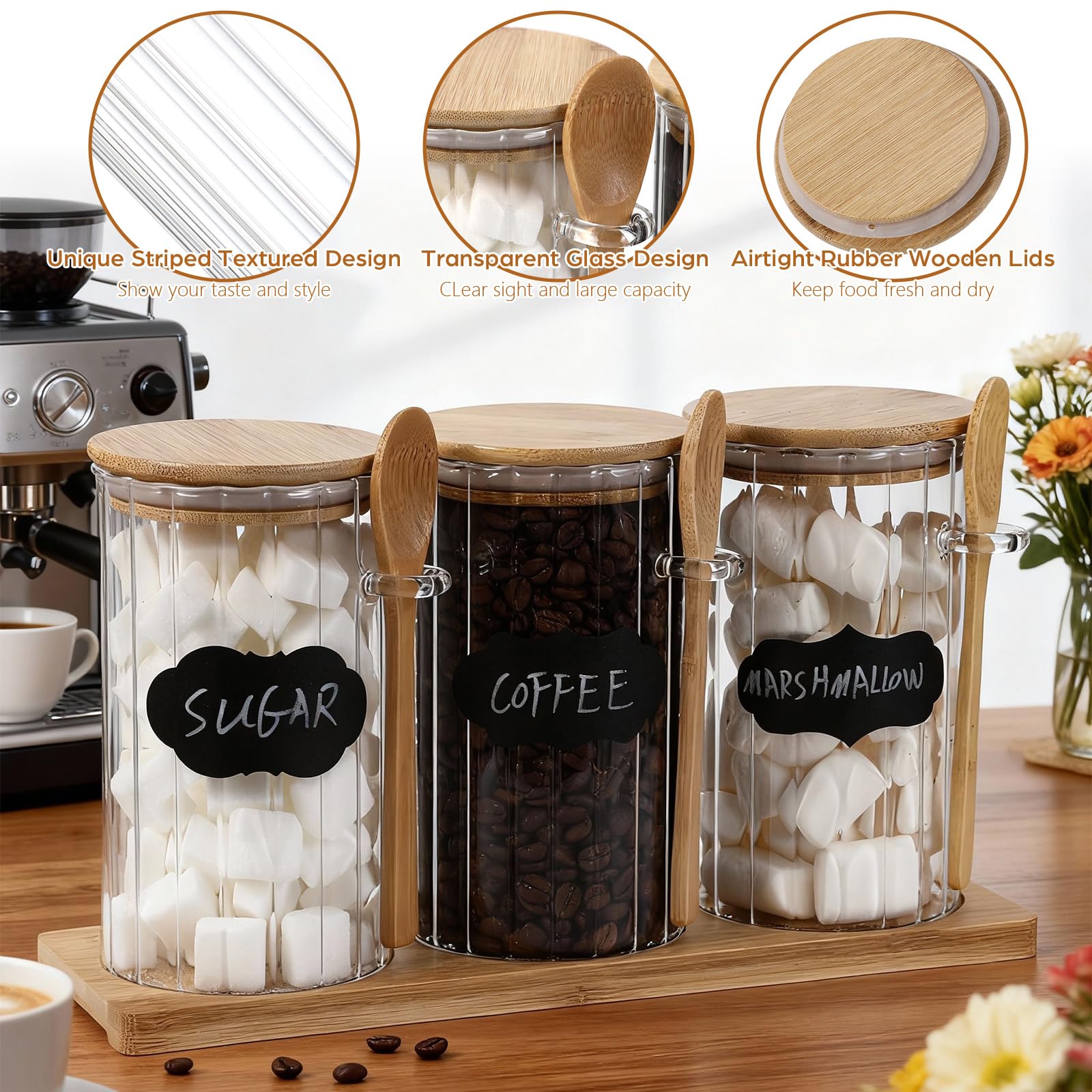 Yiyiring Set of 3 Glass Coffee Container with Bamboo Lids Spoons Labels 25 oz Clear Airtight Jar
