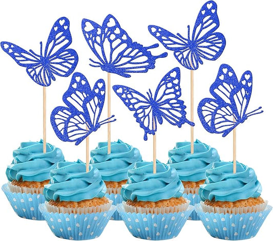 Rsstarxi 24 Pack Butterfly Cupcake Toppers Glitter Assembled Butterfly Baby Shower Cupcake Picks for Wedding Engagement Bridal Shower Kids Birthday Party Cake Decorations Supplies Deep Blue