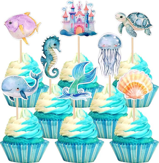 32 Pack Mermaid Cupcake Toppers Under The Sea Octopus Starfish Mermaid Tail Cupcake Picks Jellyfish Seahorse Coral Cupcake Decorations for Baby Shower Under The Sea Party Birthday Cake Decorations