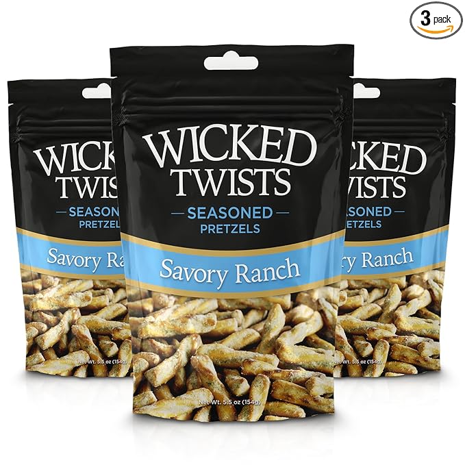 Wicked Twists Savory Ranch Seasoned Pretzels Twists 5.5 oz (3 Pack) Snack Pretzel Sticks Rods, Bold Flavor Snack, Resealable Fresh Pack, Baked Crunch, Party & School-Ready
