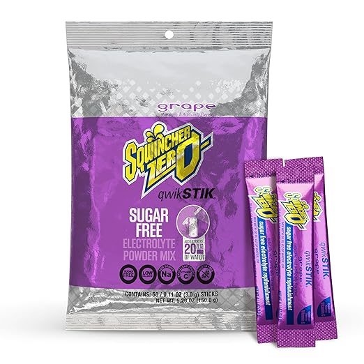 Sqwincher Zero Qwik Stik, Sugar Free, Low Calorie, Low Sodium Electrolyte Replacement Powder Hydration Drink Mix, Grape, 0.11 oz Packet (Pack of 50)