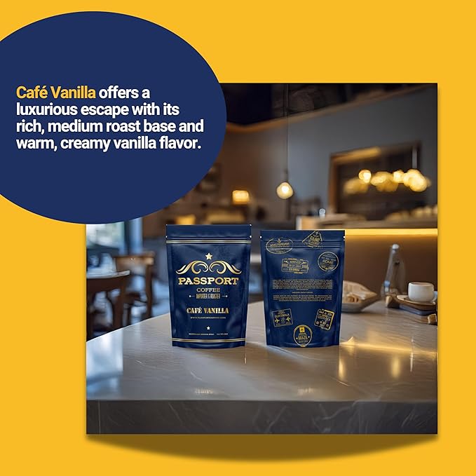 Passport Coffee Cafe Vanilla - Medium roast blend from Colombia & Central America with Rich vanilla flavor. Premium whole bean coffee, 12oz Bag