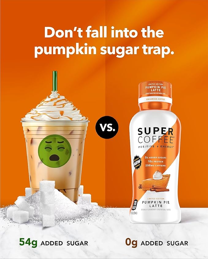 Super Coffee, Keto Protein Coffee, Pumpkin Pie Latte (12 Ounce Bottles, Pack of 12) - Low Net Carbs, No Added Sugar, Keto Friendly, 10g of Protein, Low Calorie, Iced Smart Coffee Drinks