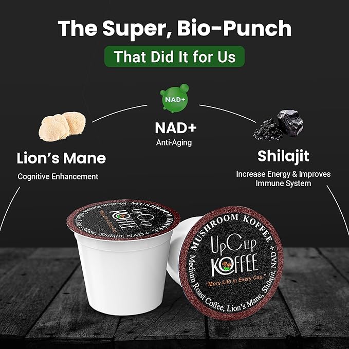 UpCup Koffee Functional Mushroom Coffee K Cups - 100% Arabica Coffee Beans with Lions Mane, NAD+, & Himalayan Shilajit for Immune Support, Energy Blast, & Cognitive Boost - 12 Pack