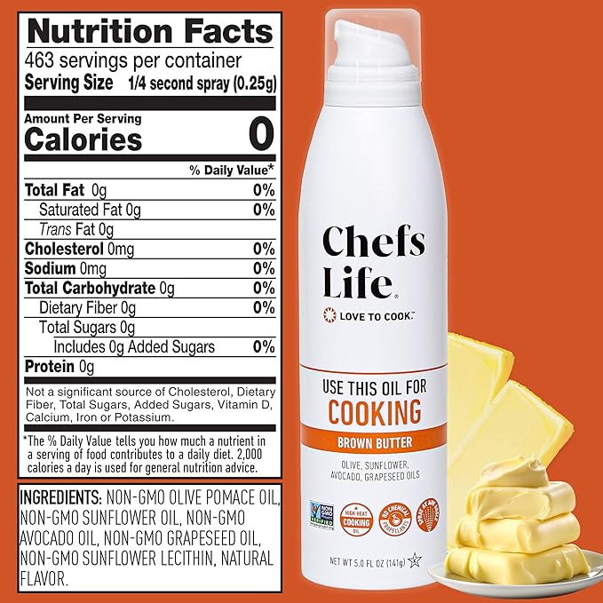 Chefs Life Brown Butter Cooking Spray - Cooking Oil Spray, Non Stick Olive Oil Spray with Avocado Oil and Grapeseed Oil for Cooking, Nonstick Baking Sprayer - 5 Fl Oz Spray Bottle