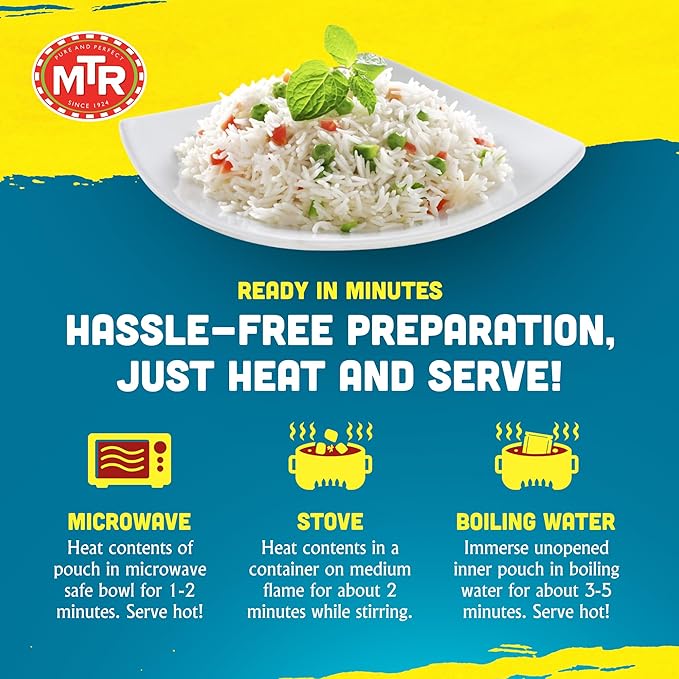 MTR Ready-To-Eat: Vegetable Pulao - Microwavable Rice Packs for Instant Meals - Delicious & Nutritious Rice Ready in Minutes - Suitable for Vegetarians with Natural Ingredients - (Pack of 6)