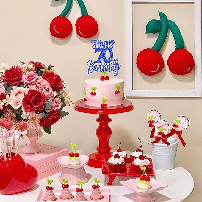 1 PCS Happy 70th Birthday Cake Topper Glitter Cheers to 70 Years Birthday Cake Pick Seventy Hello 70 Fabulous Cake Decoration for Happy 70th Birthday Anniversary Party Decorations Supplies Blue