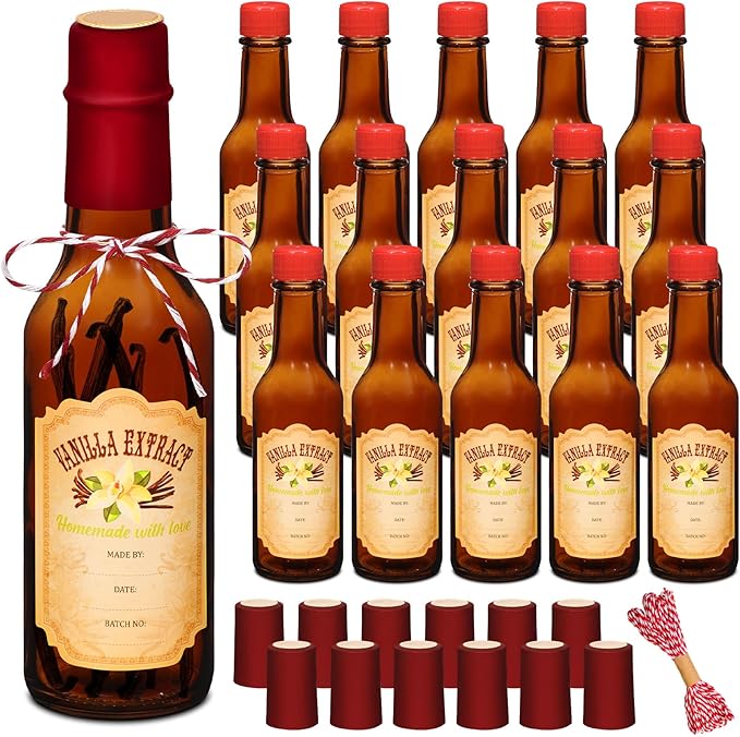 Tioncy 16 Pcs Vanilla Extract Bottles for Homemade Vanilla Jar Glass Bottle with Cap, Shrink Band, Sticker Syrup Gift Food Storage Canister for Bean Sauce Spice (Red, Brown,5 oz)