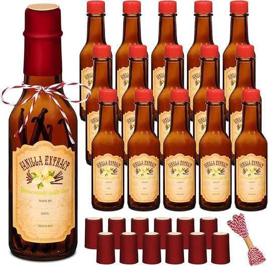Tioncy 16 Pcs Vanilla Extract Bottles for Homemade Vanilla Jar Glass Bottle with Cap, Shrink Band, Sticker Syrup Gift Food Storage Canister for Bean Sauce Spice (Red, Brown,5 oz)