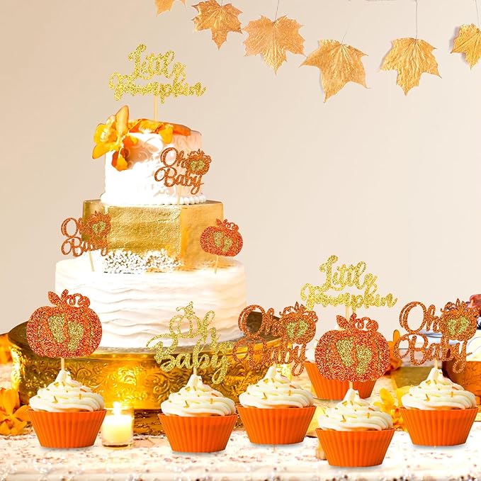 24pcs Pumpkin Cupcake Toppers Glitter Baby Cupcake Picks for Thanksgiving Themed Baby Shower Birthday Cake Decorations Party Supplies