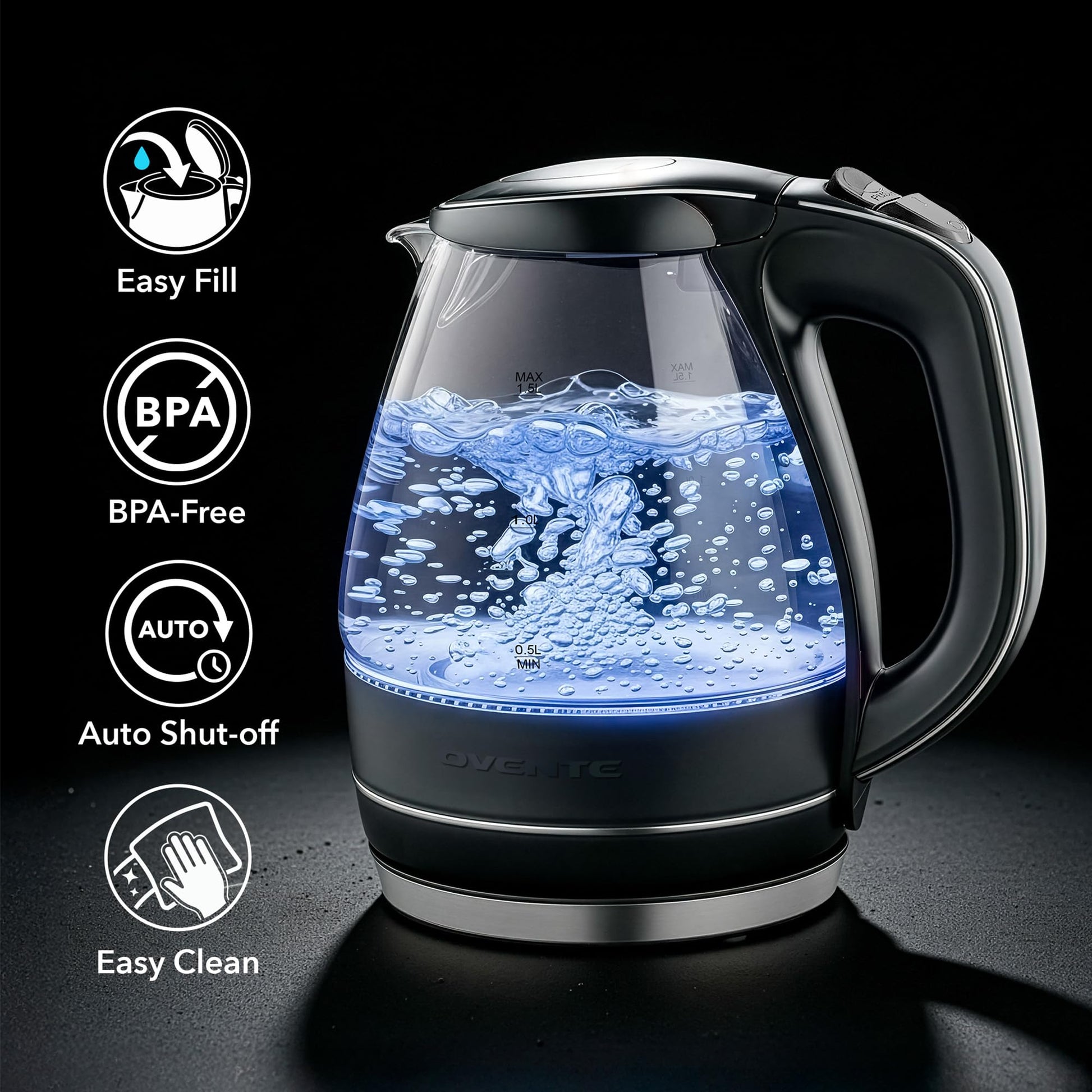 OVENTE 1.5L Glass Electric Kettle Water Boiler, Black KG83B