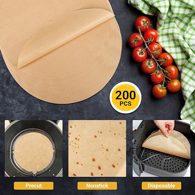 Beasea Air Fryer Parchment Paper - 11 Inch, 200pcs Round Unbleached Non-perforated Parchment Bamboo Steamer Papers