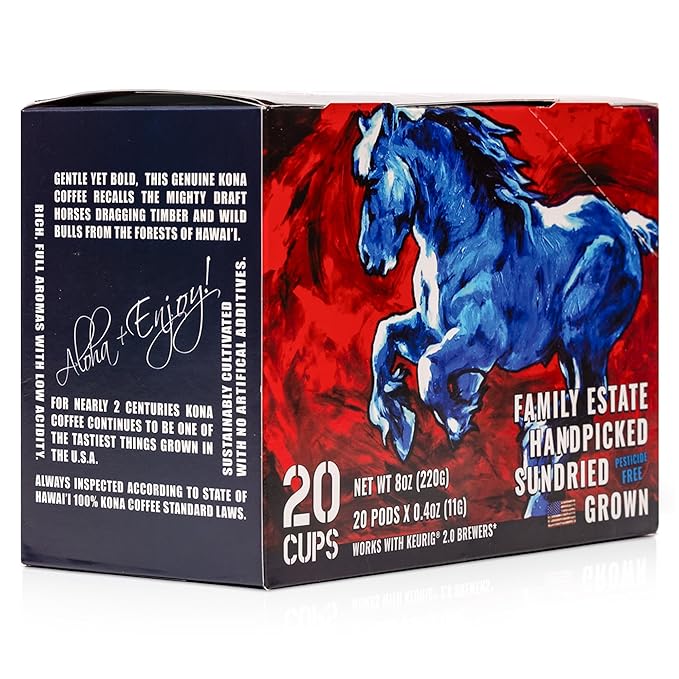 Blue Horse 100% Kona Coffee Pods, Medium Roast, 20ct Single Serve, Compatible with K Cups 2.0, Farm Fresh, Authentic Arabica Beans from Hawaii’s Big Island for a Smooth, Rich Flavor