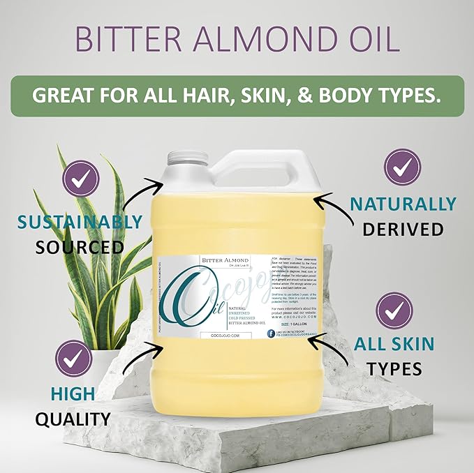 cocojojo Pure Bitter Almond Oil - Unrefined, Cold Pressed, Extra Virgin, All Natural - Perfect for Hair, Face, Skin, Nails (1 Gallon)