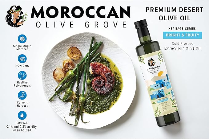 MOROCCAN OLIVE GROVE - Bright & Fruity - Premium Desert Extra Virgin Cold Extracted Olive Oil, 100% Single Origin from Morocco, Polyphenols Rich - 16.9 Fl oz (500ml) (500ml Bottle *)