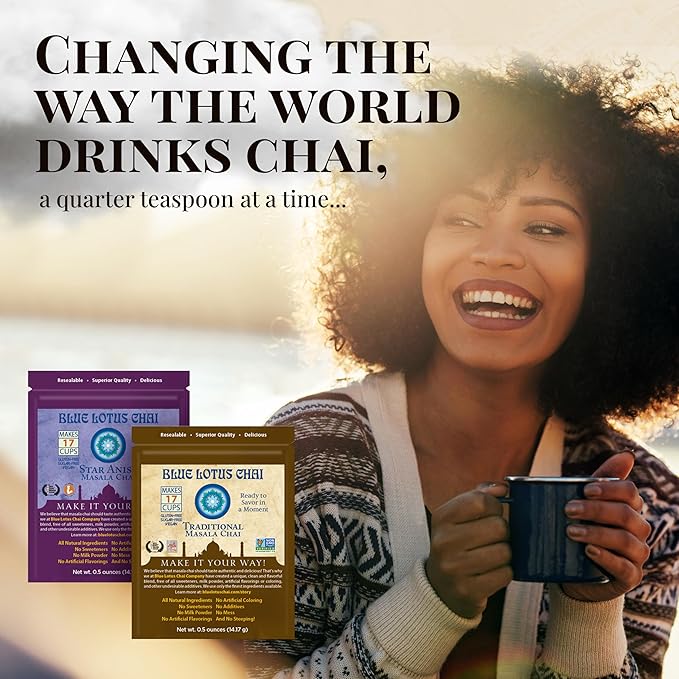 Blue Lotus Chai - Traditional Masala Chai - Makes 17 Cups - 0.5 oz Pouch Masala Spiced Chai Powder with Organic Spices - Instant Indian Tea No Steeping - No Gluten