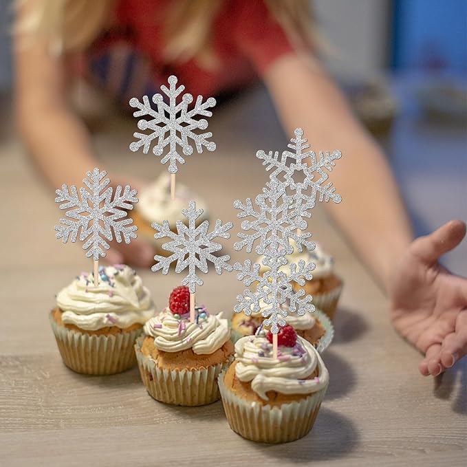 24 PCS Snowflake Cupcake Toppers Glitter Frozen Snowflake Cupcake Picks Winter Wonderland Cake Decorations for Winter Frozen Theme Baby Shower Kids Birthday Christmas Party Supplies Silver