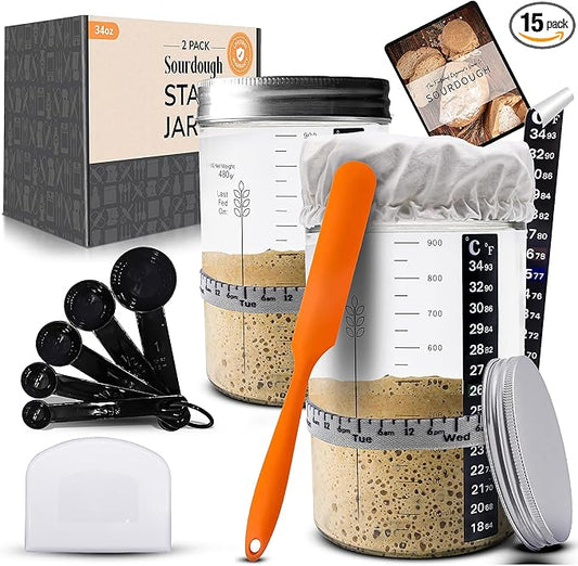 Sourdough Starter Kit - 34oz Large Capacity Glass Fermentation Jar with Lid, Silicon Spatula, and Measuring Spoons - Beginner Sourdough Starter Kit, Sourdough Bread Baking Supplies, Fermentation Kit
