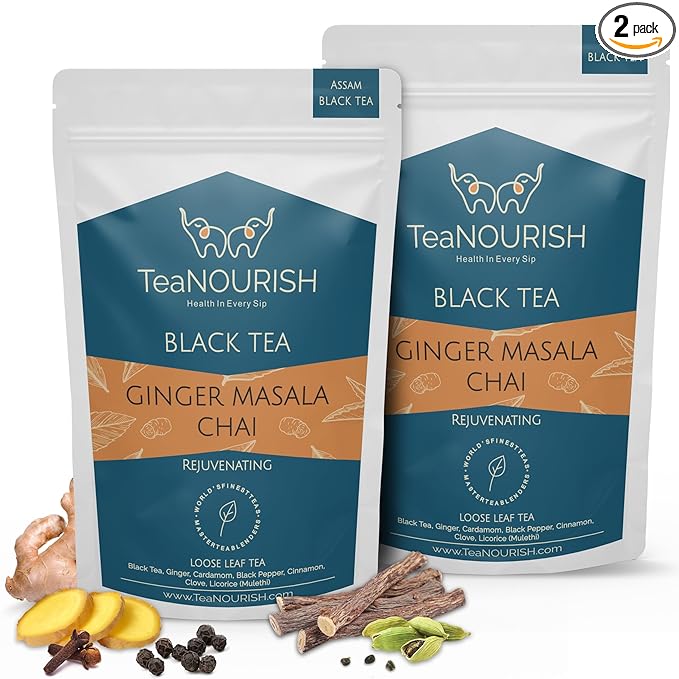TeaNOURISH Ginger Masala Chai Tea | Assam CTC Loose Black Tea | Blended with Authentic Indian Spices | Indian Ginger Tea | 100% NATURAL INGREDIENTS - 3.53oz/100g (Pack of 2)