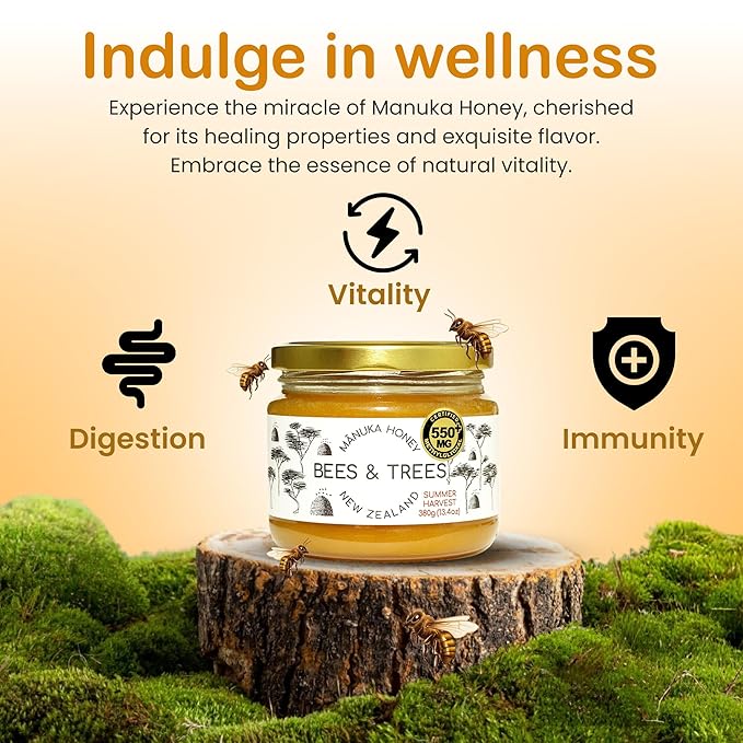 Bees & Trees Manuka Honey 550+ MGO – Pure New Zealand Raw Monofloral Honey – Unpasteurized & Natural – 380g (13.4oz) Glass Jar – Perfect for Coffee, Tea & Daily Wellness