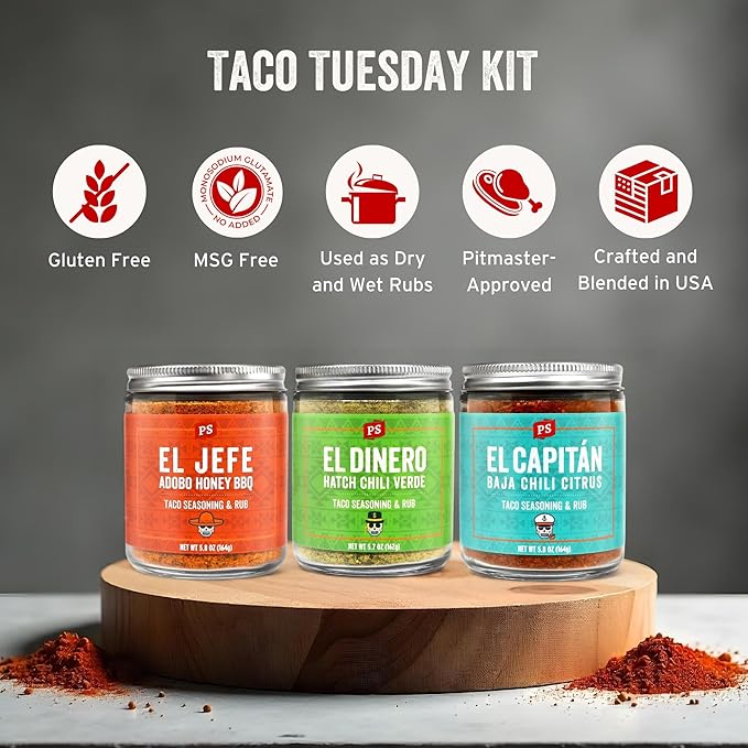 PS Seasoning Taco Box ??El Jefe, El Dinero, El Capitan - Complete Taco Tuesday Seasoning Kit & BBQ Dry Rub Variety Pack - Unique Mexican Seasoning Spice Blends for Tortillas, Fajitas, Burritos & more