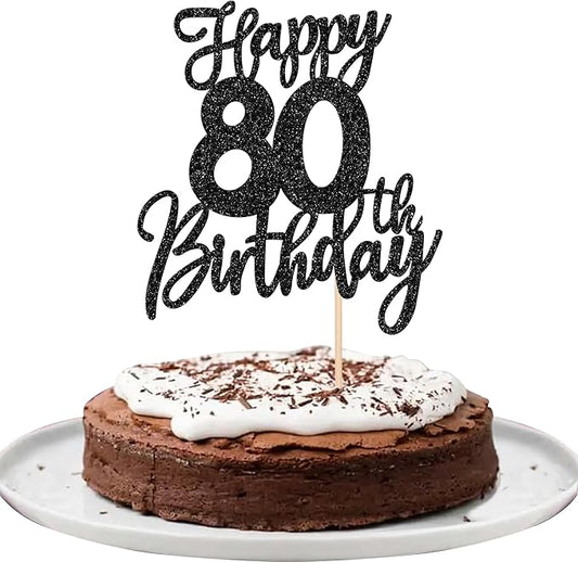 1 PCS Happy 80th Birthday Cake Topper Glitter Cheers to 80 Years Birthday Cake Pick Eighty Hello 80 Fabulous Cake Decoration for Happy 80th Birthday Anniversary Party Decorations Supplies Black