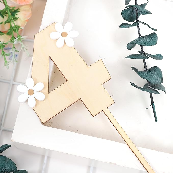 Wooden Daisy Cake Topper - 4th Birthday & Anniversary Decor, Retro Groovy & Boho Styles, Wooden Cake Decorating Supplies