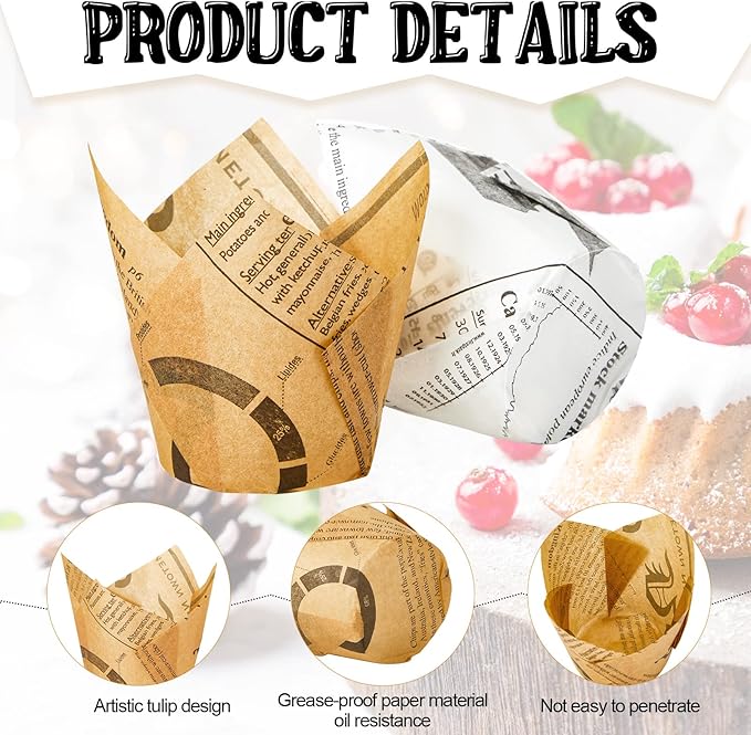 800 Pcs Tulip Cupcake Liners Baking Cups Muffin Baking Cupcake Liners Wrappers Greaseproof Tulip Cups Holders for Party Wedding Birthday Baby Showers(Newspaper,Retro Style)