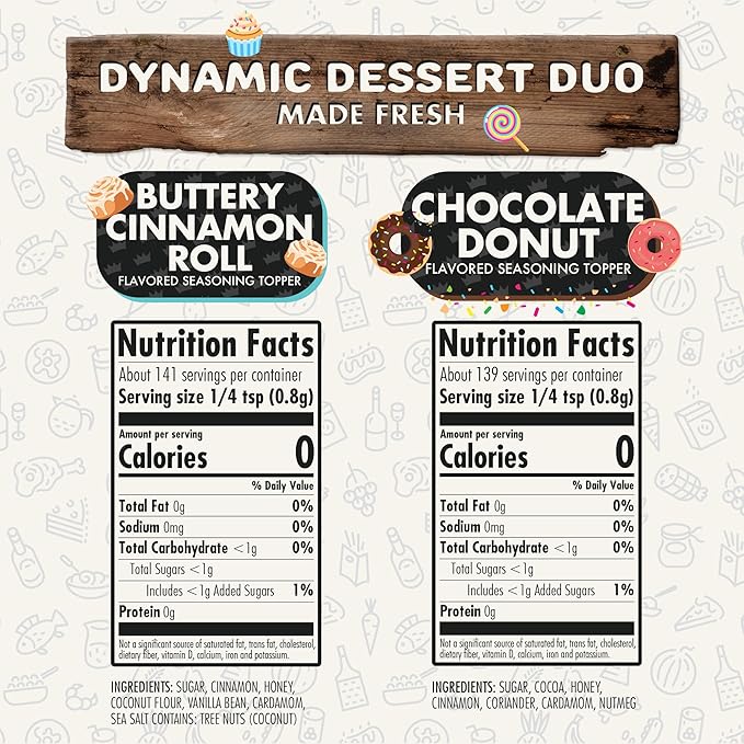 Flavor God Dynamic Dessert Duo Pack of 2 Seasoning Topper Gift Set, Buttery Cinnamon Roll & Chocolate Donut, Natural Healthy Blend For Donuts, Fruit Ice Cream, Coffee, Low Sodium, Gluten & Dairy Free