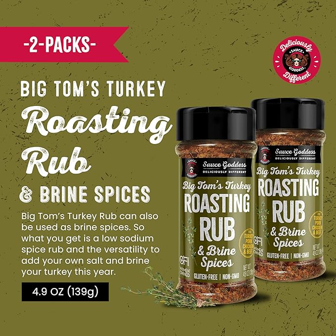 Sauce Goddess Big Tom's Turkey Roasting Rub and Brine Spices Shaker (2-Pack) - Gluten-Free, Seasonings and Spices for Cooking Turkey and Prime Rib Spices and Seasonings