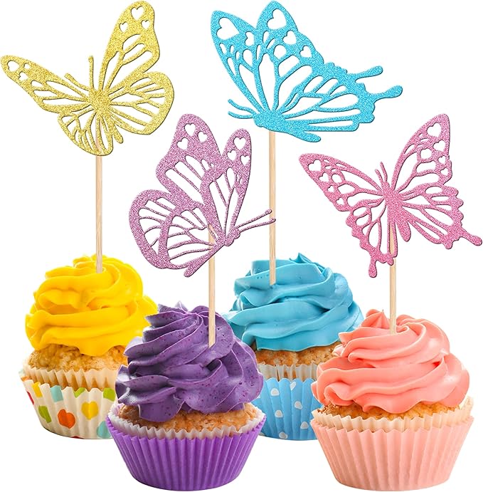 Rsstarxi 24 Pack Multicolor Butterfly Cupcake Toppers Glitter Assembled Butterfly Baby Shower Cupcake Picks for Wedding Engagement Bridal Shower Kids Birthday Party Cake Decorations