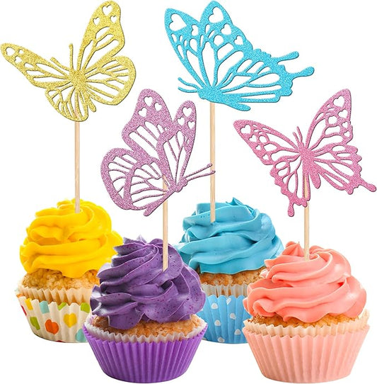 Rsstarxi 24 Pack Multicolor Butterfly Cupcake Toppers Glitter Assembled Butterfly Baby Shower Cupcake Picks for Wedding Engagement Bridal Shower Kids Birthday Party Cake Decorations