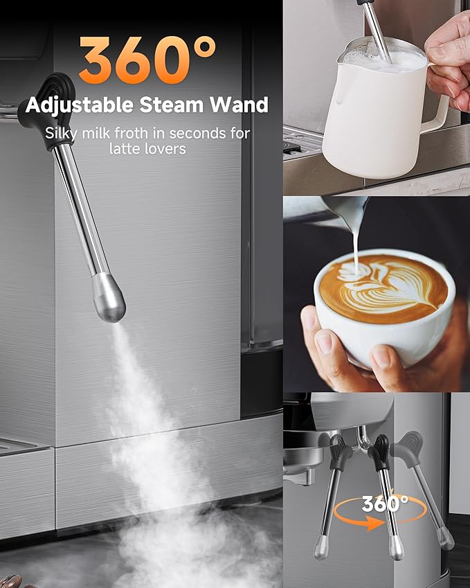 AMZCHEF Espresso Machine 20 Bar Professional Coffee Maker with Milk Frother, Adjustable Temperature & Pressure, Stainless Steel Espresso Maker for Cappuccino, Latte, Mocha, 44oz Removable Water Tank