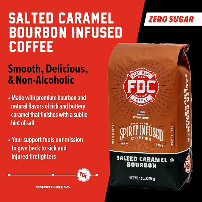 Fire Department Coffee - Salted Caramel Bourbon Coffee - Gives Back to Firefighters - Premium Bourbon Infused - Whole Bean Medium Roast - Non-Alcoholic - Roasted in the USA - Veteran Owned - 12 oz