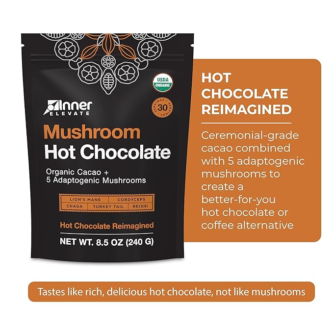 Inner Elevate Mushroom Hot Chocolate Superfood - Ceremonial Cacao with 5 Mushrooms (Lion's Mane, Cordyceps, Chaga, Reishi, Turkey Tail) - Great as a Coffee Alternative, Hot Chocolate, or Smoothie (30 Servings)