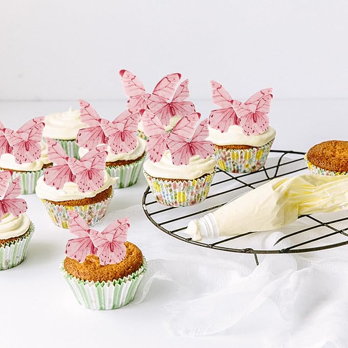 40 Pack Edible Butterfly Cake Decorations, Cupcake Toppers, Birthday Party Decorations for Wedding, Anniversary, Flower Themed Party - Pink