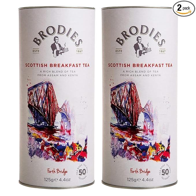 Brodies Tea, Scottish Breakfast Tea, Black Tea Imported from Scotland, Canister of 50 Bags (Pack of 2)