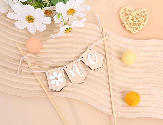 Wooden Daisy One 1st Birthday Cake Topper - Retro Groovy Boho Daisy, Best Flower Cake Topper