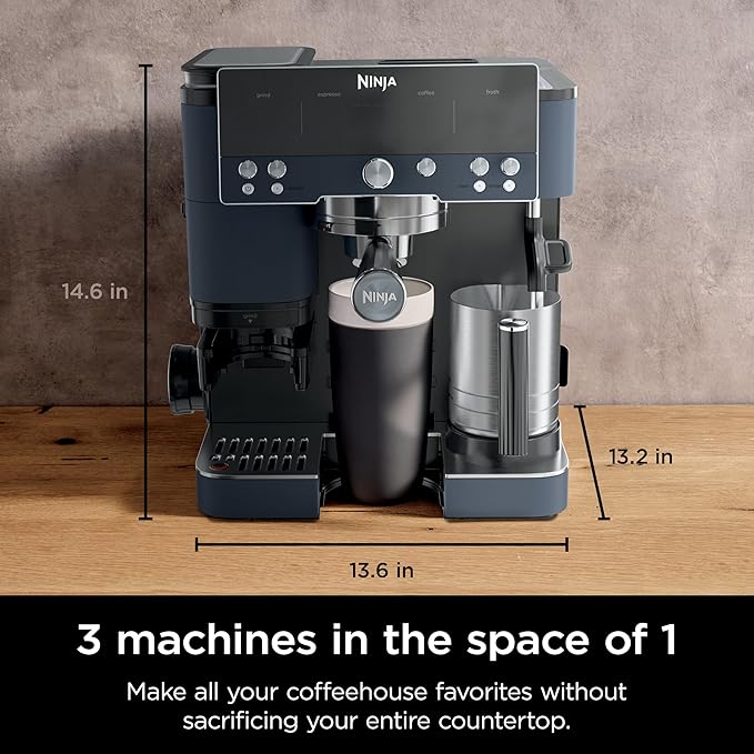 Ninja Luxe Caf챕 Premier Series, Espresso Machine, Drip Coffee Maker & Rapid Cold Brew, Integrated Grinder, Assisted Tamper, Hands-Free Frother, for Cappuccinos & Lattes, Cyberspace, ES601CY