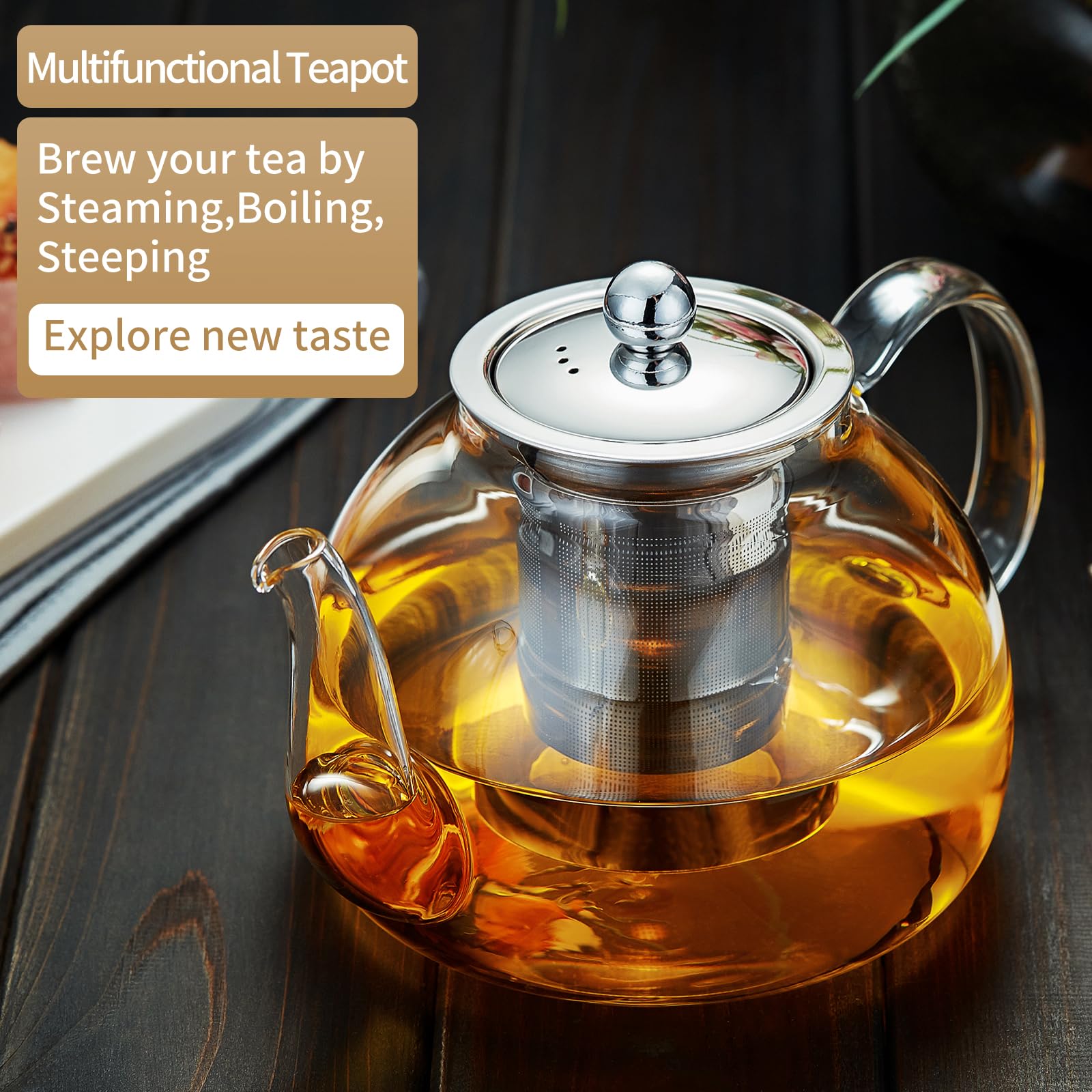 DOPUDO 40OZ (1200ML) Glass Teapot with Infuser Stovetop Safe, Clear Glass Tea Pot Kettle