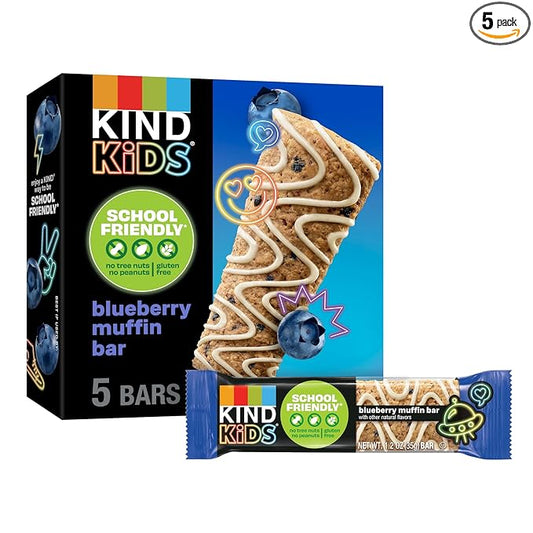KIND Kids Snacks, Blueberry Muffin Bar, Tree Nut and Peanut Free, Gluten Free, Whole Grains and Oats, 5g Protein, 5 Count