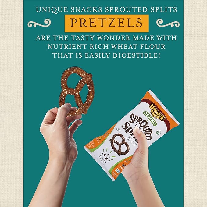 Unique Snacks Sprouted Splits Pretzels, Sprouted Pretzels, Delicious Homestyle Baked Snack Bag, OU Kosher, and Non-GMO Food, No Artificial Flavor, 8 Oz. Bag, Pack of 12