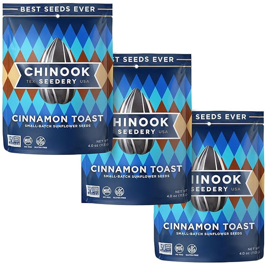Chinook Seedery Roasted Jumbo Sunflower Seeds - Keto Snacks - Best For Snack Packs - Gluten Free, Non GMO Snack Food Gifts - 4 ounce (Pack of 3) - Cinnamon Toast Flavor