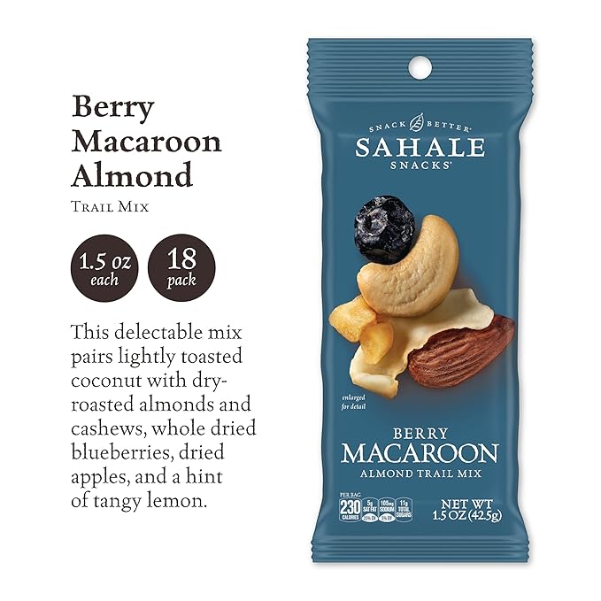 Sahale Snacks Berry Macaroon Almond Trail Mix, 1.5 oz Grab & Go Bag (18 Pack) - Dry-Roasted Deluxe Mixed Nuts - Coconut, Blueberries & Apples - Non-GMO, Kosher Trail Mix & Certified Gluten-Free Snacks