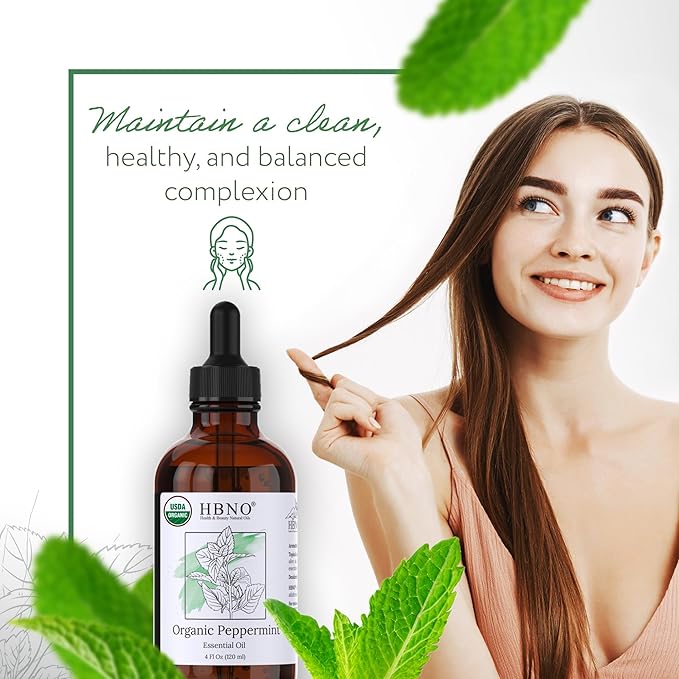 HBNO California Bottled Organic Peppermint Essential Oil (Mentha Piperita) 4 fl oz (120ml) - USDA Certified Organic Peppermint Oil for Hair - Perfect for Aromatherapy