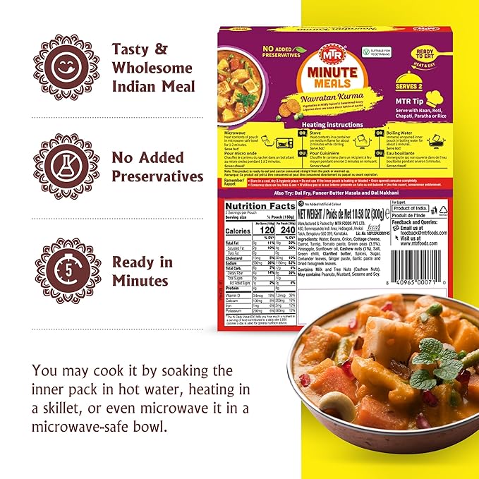 MTR - Minute Meals: Navratan Kurma - Vegetables in Mildly Spiced & Sweetened Gravy - Tasty Indian Meal with No Added Preservatives - Suitable for Vegetarians, Ready in Minutes! (Pack of 6)