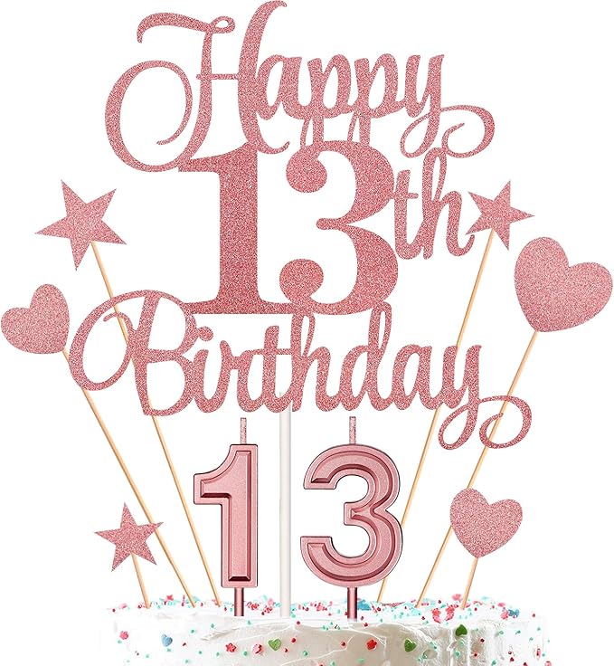 13th Birthday Cake Decorations Set Include Digital Candles 1&3 Numeral 13 Cake Candles and Happy 13th Birthday Cake Toppers with Heart Star Cupcake Picks for Birthday Party Supplies (Rose Gold Series)