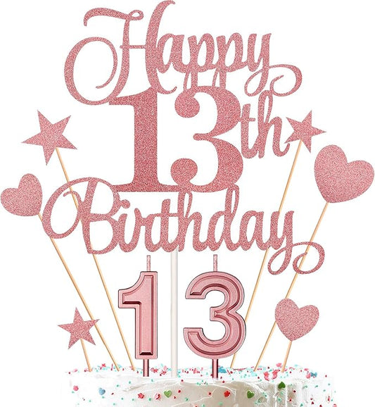 13th Birthday Cake Decorations Set Include Digital Candles 1&3 Numeral 13 Cake Candles and Happy 13th Birthday Cake Toppers with Heart Star Cupcake Picks for Birthday Party Supplies (Rose Gold Series)