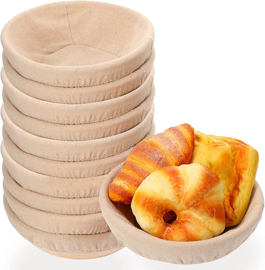 Patelai 10 Pieces Banneton Bread Proofing Basket Round Sourdough Proofing Basket Banneton Basket Dough Bowl with Liners and Scrapers for Home Making Bread Bakers Baking(8.5 Inch)